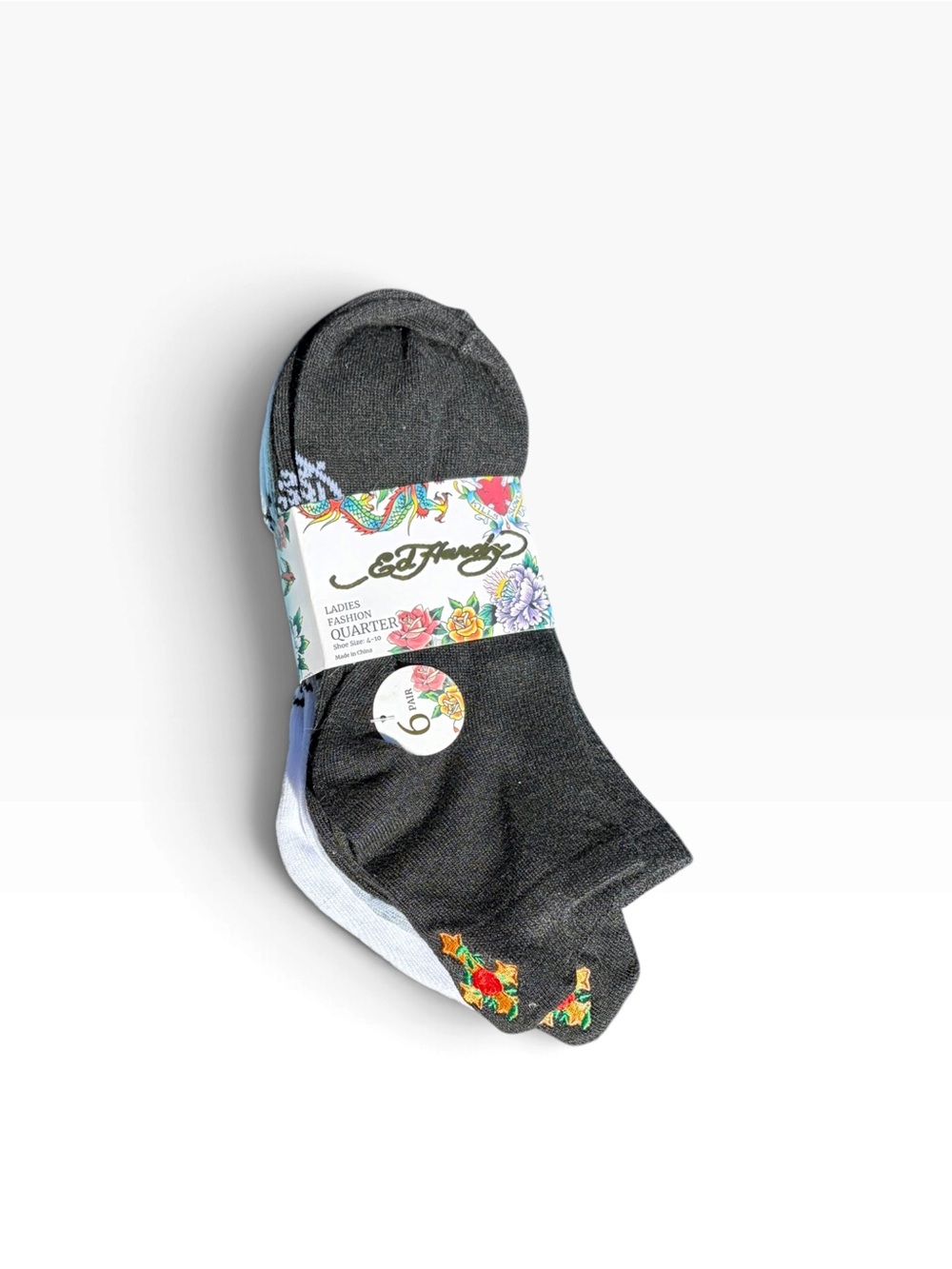 Ed Hardy Black White Gray Rose & Cross Floral Quarter Socks 6 Pack